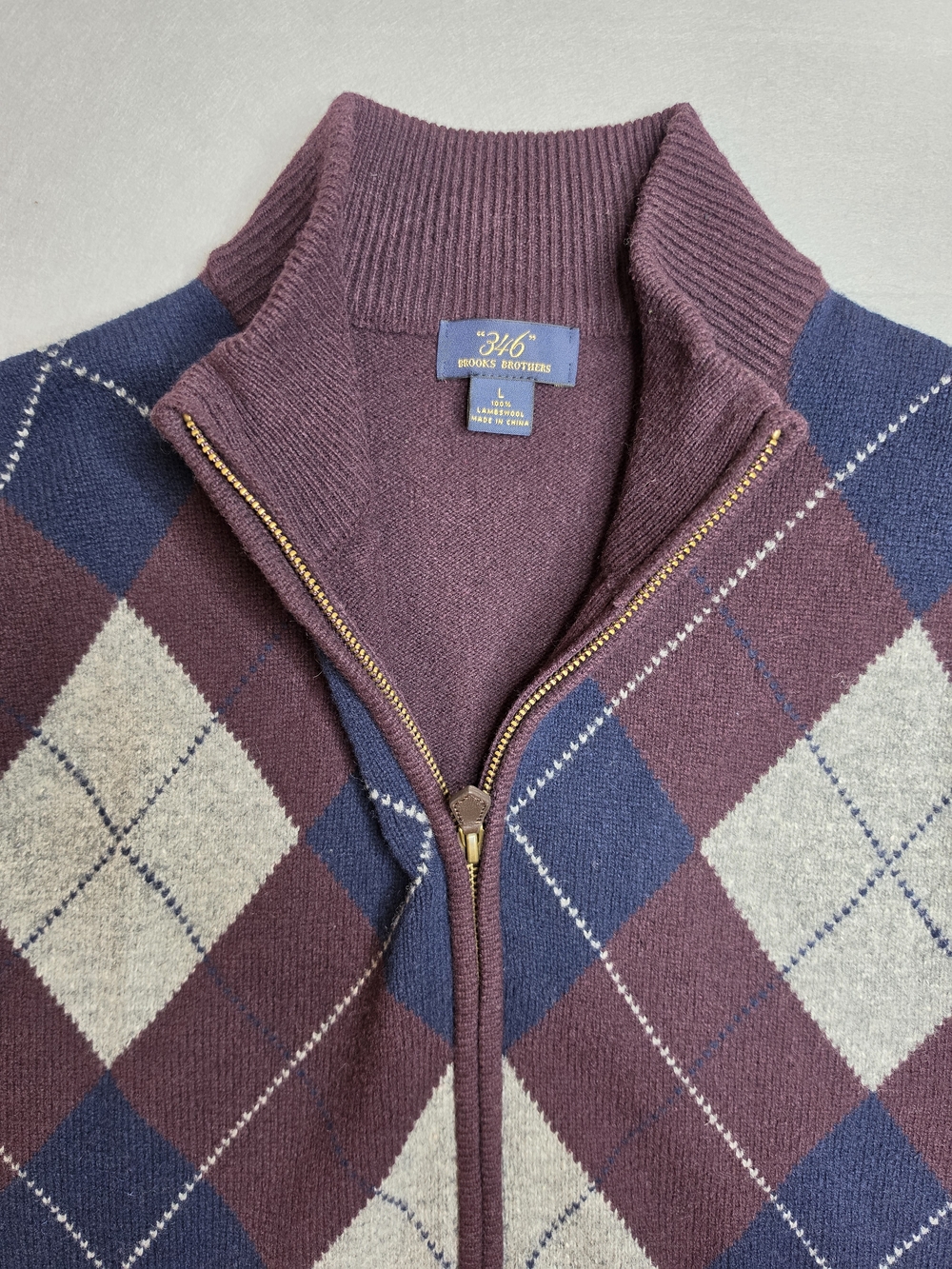 Brooks Brothers Mens Argyle Zip-Front Sweater Burgundy/Blue/Gray Large Lambswool